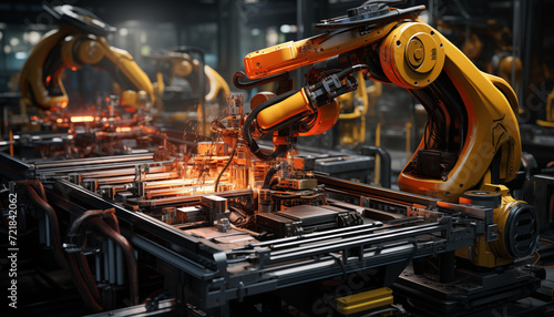 Automated robotic arms creating sparks while precision welding a car body on an industrial assembly line in a vehicle manufacturing plant.