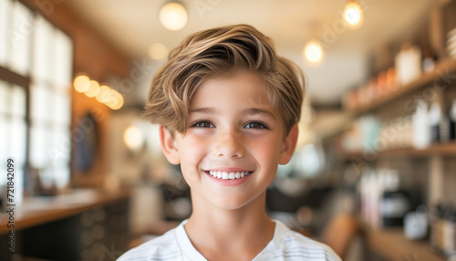 Candid photo of a happy cute boy with a modern stylish hairstyle with slicked back styling after visiting a barbershop