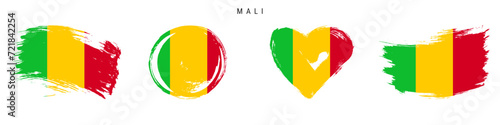 Mali hand drawn grunge style flag icon set. Malian banner in official colors. Free brush stroke shape, circle and heart-shaped. Flat vector illustration isolated on white.