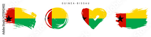 Guinea-Bissau hand drawn grunge style flag icon set. Republic banner in official colors. Free brush stroke shape, circle and heart-shaped. Flat vector illustration isolated on white.