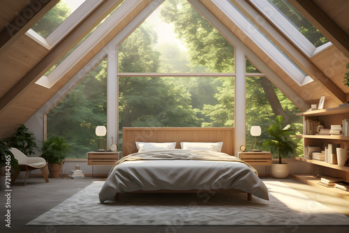 airy bedroom with a vaulted ceiling and skylights