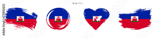 Haiti hand drawn grunge style flag icon set. Haitian banner in official colors. Free brush stroke shape, circle and heart-shaped. Flat vector illustration isolated on white.