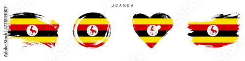 Uganda hand drawn grunge style flag icon set. Ugandan banner in official colors. Free brush stroke shape, circle and heart-shaped. Flat vector illustration isolated on white.