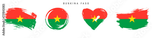 Burkina Faso hand drawn grunge style flag icon set. Upper Volta banner in official colors. Free brush stroke shape, circle and heart-shaped. Flat vector illustration isolated on white.