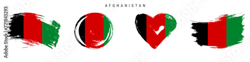 Afghanistan hand drawn grunge style flag icon set. Afghan banner in official colors. Free brush stroke shape, circle and heart-shaped. Flat vector illustration isolated on white.