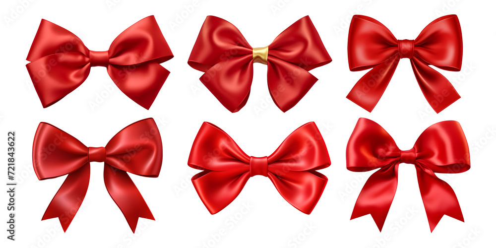 set of isolated red bow for gift or decoration, ideal for Christmas, birthdays, anniversaries, or any festive occasion, featuring satin ribbon in a shiny design,Generative Ai