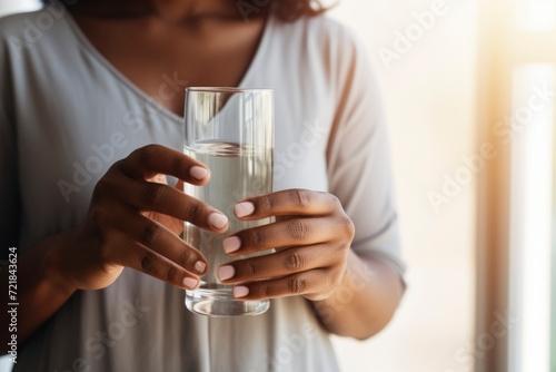 Woman's hands elegantly holding a glass of water.