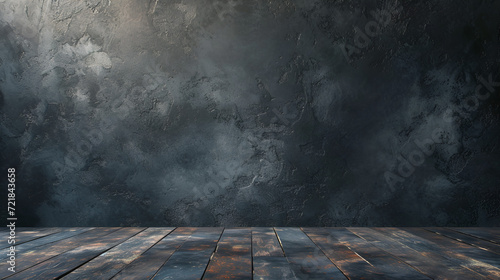 Wooden floor on black wall in dark room. generative ai