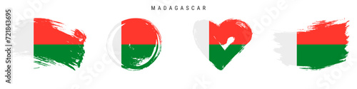 Madagascar hand drawn grunge style flag icon set. Republic banner in official colors. Free brush stroke shape, circle and heart-shaped. Flat vector illustration isolated on white.