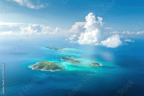 Crystal clear waters embracing emerald isles under a hazy sky  showcasing nature s grandeur from above.