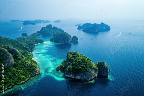An aerial shot capturing the peaceful ambiance of a sea with a cluster of islands and boats cruising.