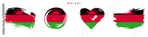 Malawi hand drawn grunge style flag icon set. Malawian banner in official colors. Free brush stroke shape, circle and heart-shaped. Flat vector illustration isolated on white.