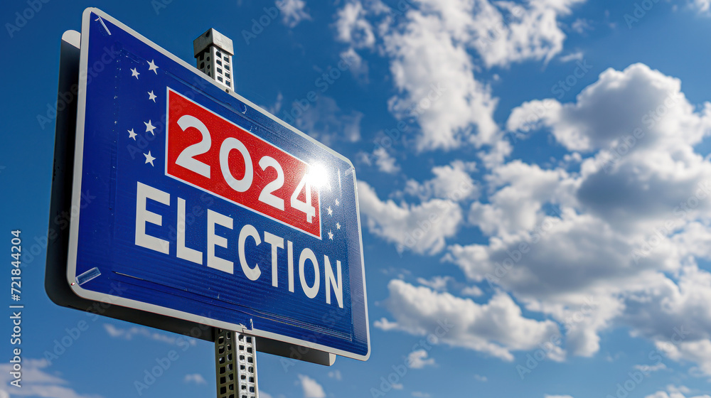 Election 2024 Sign Against Blue Sky with Clouds.A bold red and white election 2024 road sign stands out under a vast blue sky scattered with white clouds, symbolizing the upcoming political event.