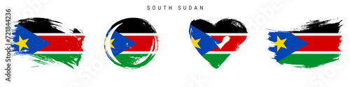 South Sudan hand drawn grunge style flag icon set. South Sudanese banner in official colors. Free brush stroke shape, circle and heart-shaped. Flat vector illustration isolated on white.