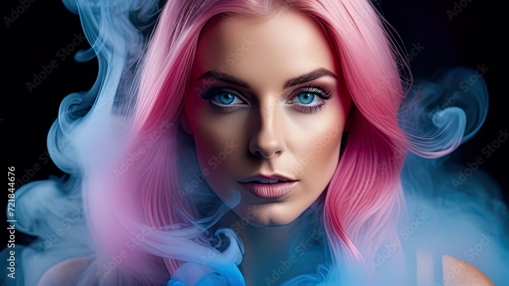 Fototapeta premium Young woman with colorful make-up and body art on a black background with multi-colored smoke