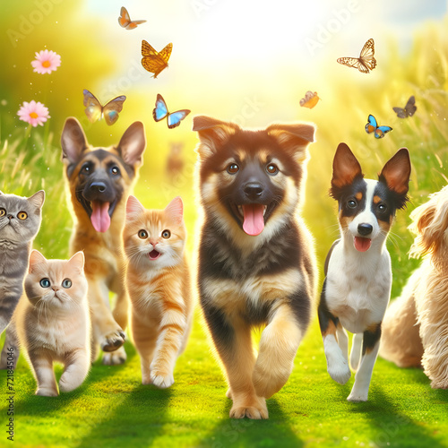 various fluffy dog and cat friends are running on the green grass in a sunny spring meadow. animals running. animal in garden. dog and cat. dog . cat.