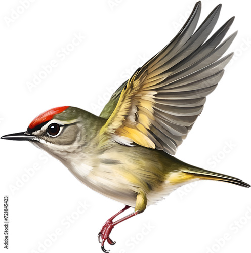 Close-up image of a Ruby-Crowned Kinglet bird. 