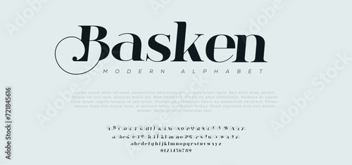 Basken Modern abstract digital alphabet font. Minimal technology typography, Creative urban sport fashion futuristic font and with numbers. vector illustration
