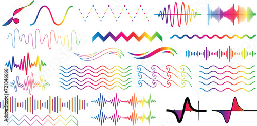 Colorful sound waves vector, audio digital equalizer technology, music pulse. Vibrant frequency lines on white background, studio, club, radio station visuals photo