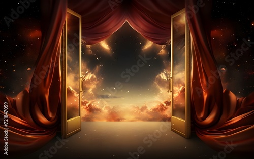 scene of backdrops with fantasy doors and curtains with sky at night background