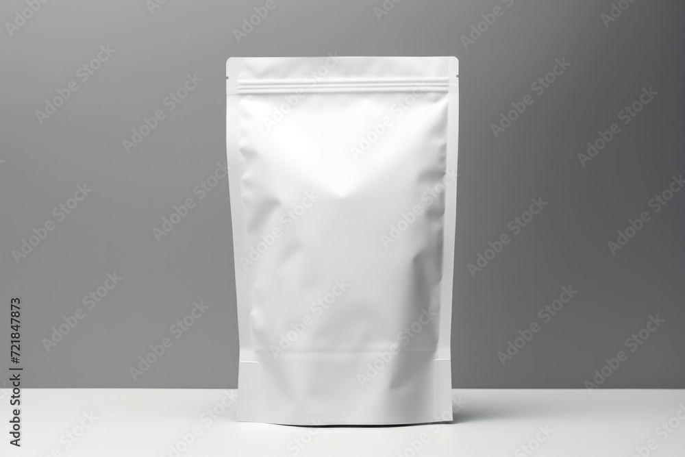 Front view of an empty white packaging pouch on a soft gray surface. Front view of an empty white packaging pouch on a soft gray surface.