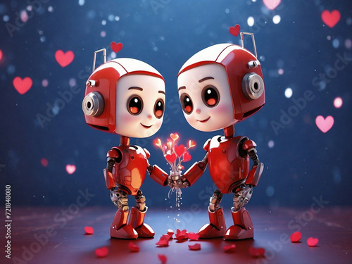 cute robot couple celebrating Valentine's Day with sparks of love. 