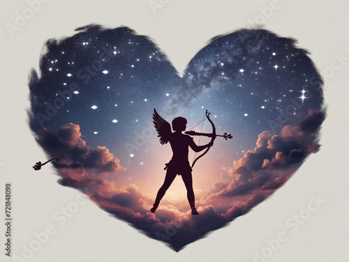 dreamy, starlit sky with a cupid shooting heart-shaped arrows.