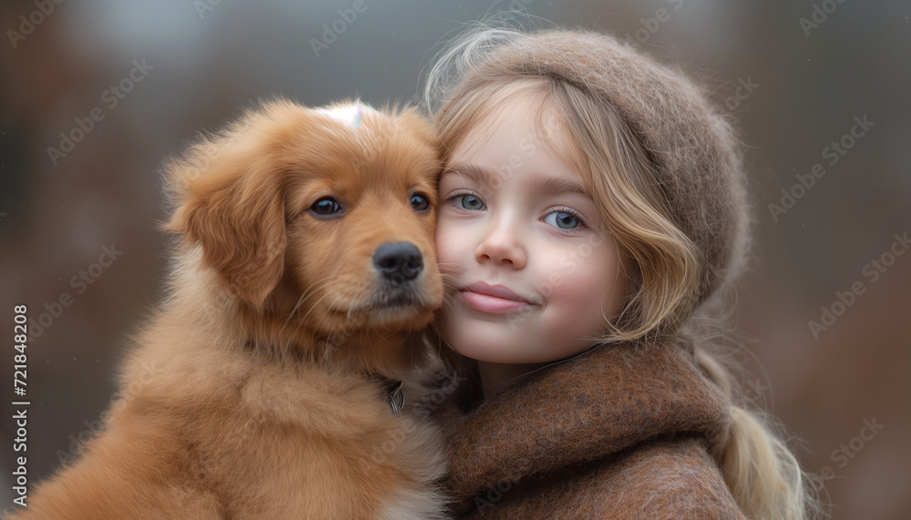 A young girl shares a tender moment with her puppy dog amidst a field of yellow flowers in the fall.