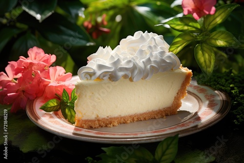 A slice of key lime pie with a background of vibrant azalea bushes.