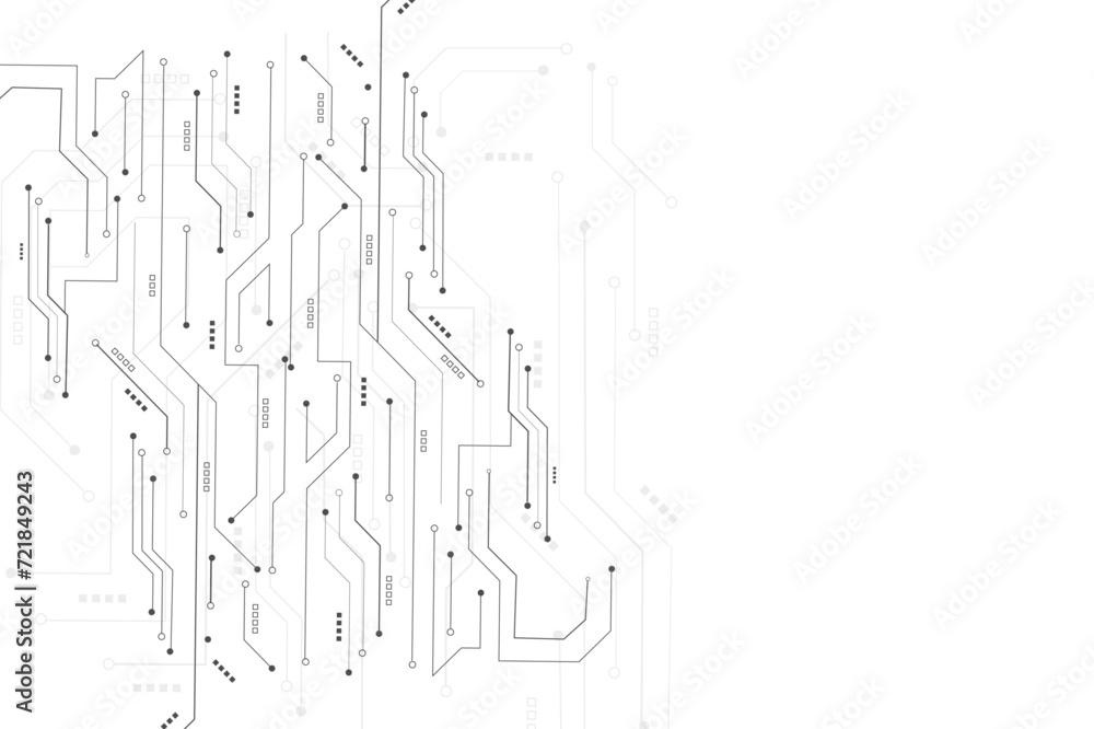 Obraz premium High-tech circuit board connection system. Black circuit diagram on white background. Abstract futuristic circuit board Illustration, Circuit board with various technology elements. 