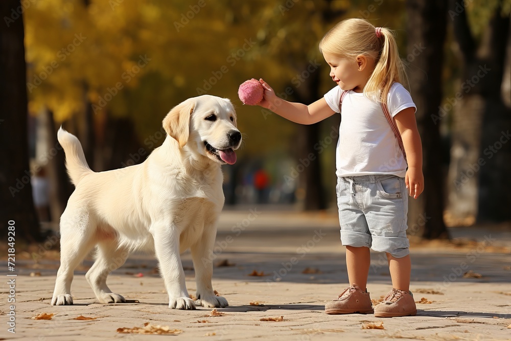 Excited labrador retriever playing and bonding with children in the scenic park setting Excited labrador retriever playing and bonding with children in the scenic park setting