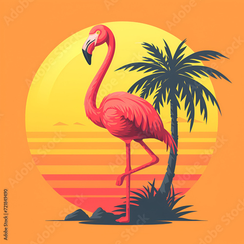 A logo illustration of a pink flamingo with a palm tree on an orange background. Created with generative AI.