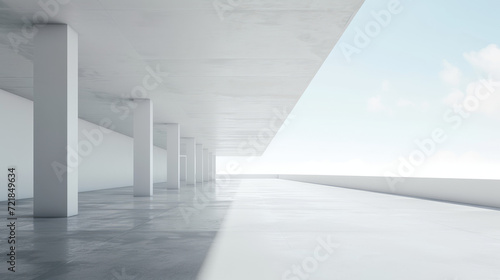 Empty concrete floor for car park. 3d rendering of abstract white building with clear sky background