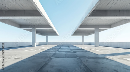 Empty concrete floor for car park. 3d rendering of abstract white building with clear sky