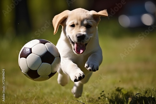 Adorable labrador retriever enthusiastically playing fetch with colorful ball in scenic park © sorin