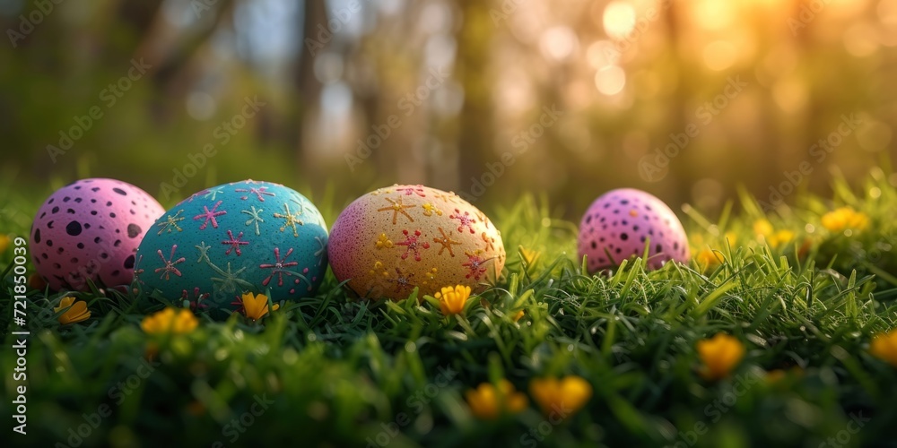 Colorful Easter Eggs Among Spring Flowers. Colorful Easter Eggs Among Spring Flowers.