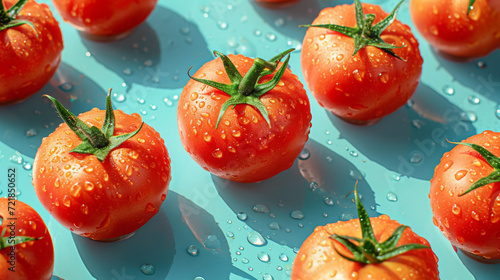 Gleaming Red Tomatoes with Droplets, Blue Contrast Background