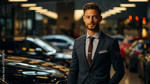 Cheerful young salesman at car dealership, gazing confidently into the camera surrounded by vehicles © sorin