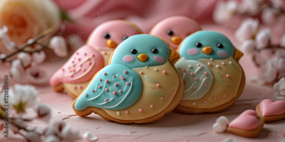A collection of charming bird cookies with pastel icing, accompanied by delicate flowers, creating a picturesque springtime setting.
