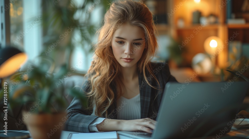 Young woman in a black business suit with a gray laptop, in the office sits at an additional table on which there is a houseplant. Modern office in light colours Young woman in a black business suit with a gray laptop, in the office sits at an additional table on which there is a houseplant. Modern office in light colours