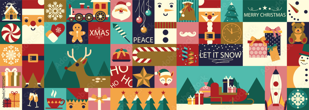 Fototapeta premium Abstract geometric Christmas background. Big set. Merry Christmas and Happy New Year! Christmas gingerbread, Santa Claus, snowman, toys, celebration symbols, holiday food. Mosaic style.
