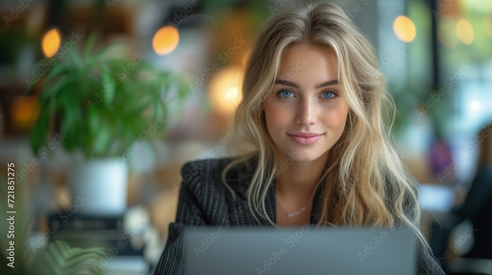 Young woman in a black business suit with a gray laptop, in the office sits at an additional table on which there is a houseplant. Modern office in light colours Young woman in a black business suit with a gray laptop, in the office sits at an additional table on which there is a houseplant. Modern office in light colours
