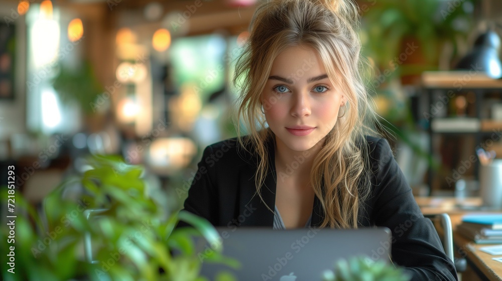 Young woman in a black business suit with a gray laptop, in the office sits at an additional table on which there is a houseplant. Modern office in light colours Young woman in a black business suit with a gray laptop, in the office sits at an additional table on which there is a houseplant. Modern office in light colours