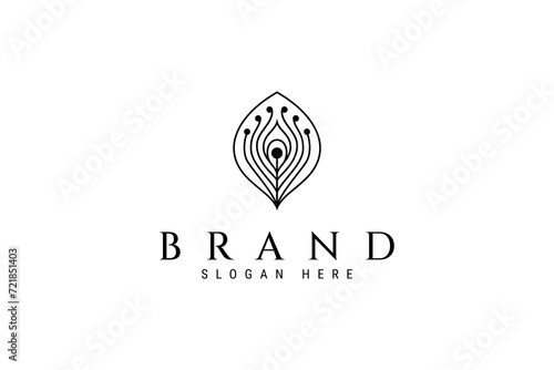 Peacock feather logo in luxury line art style.