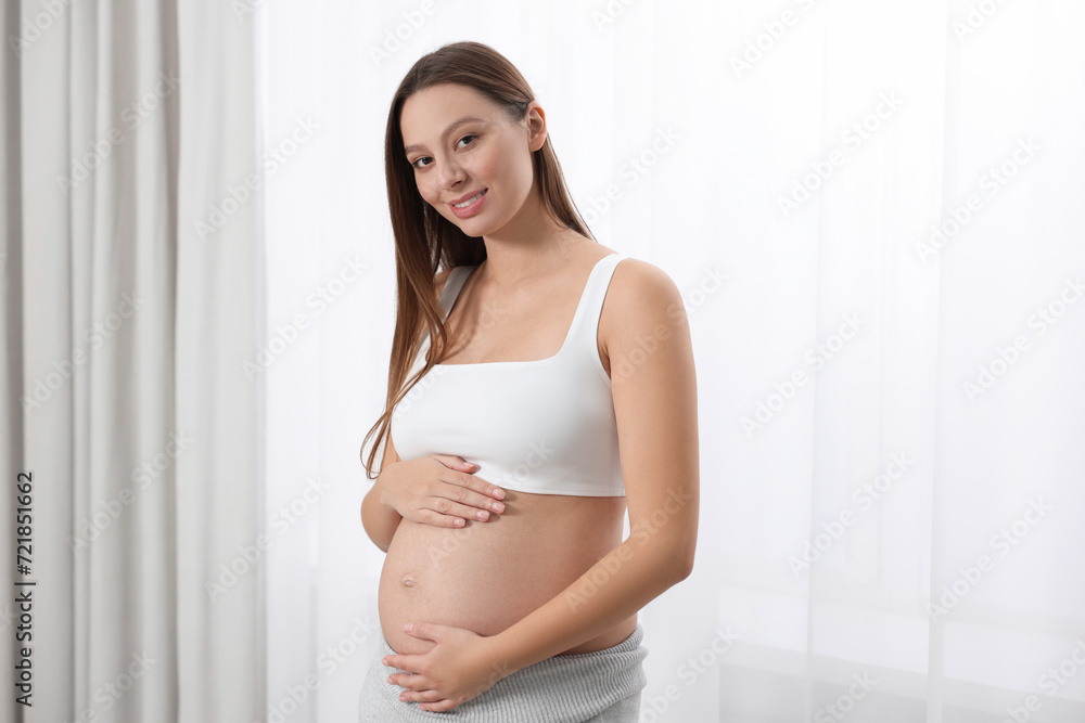 Beautiful pregnant woman with long hair near window indoors Beautiful pregnant woman with long hair near window indoors