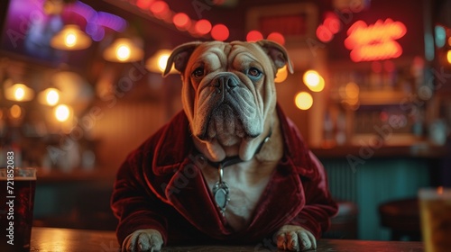 Debonair bulldog in a velvet smoking jacket.