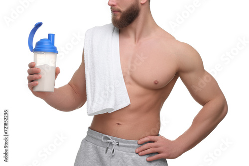 Young man with muscular body holding shaker of protein and towel on white background, closeup