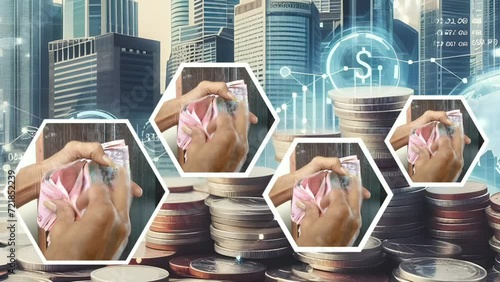 montage of business people. video illustration of counting money in the background of tall buildings in urban areas photo