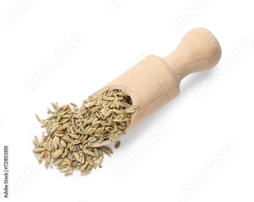 Scoop with dry fennel seeds isolated on white, top view