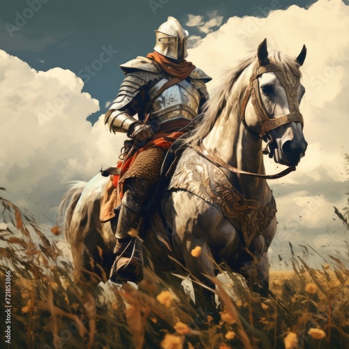 Knight on a horse in a field.